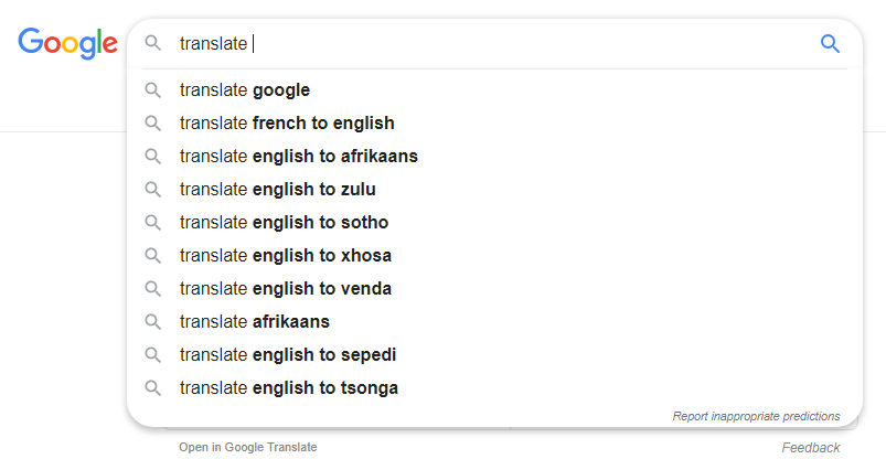 Google Translate English to Afrikaans