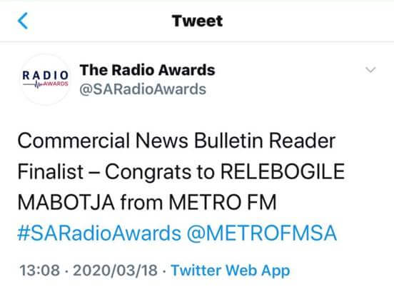 Relebogile Mabotja receives SA Radio Award