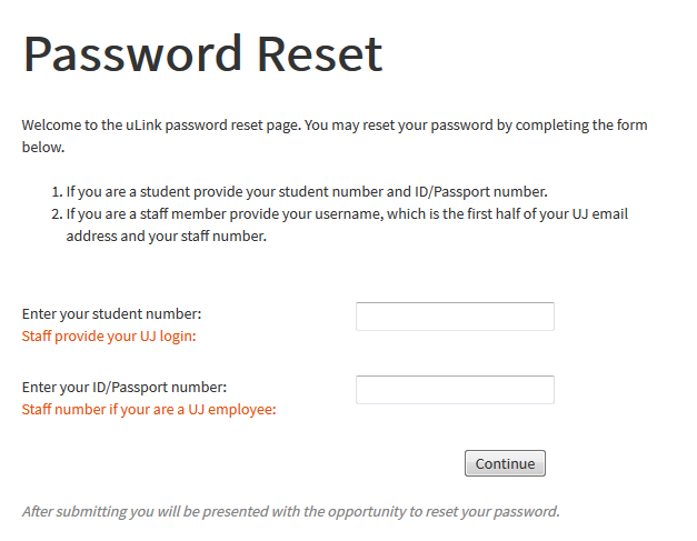 UJ uLink Password Reset