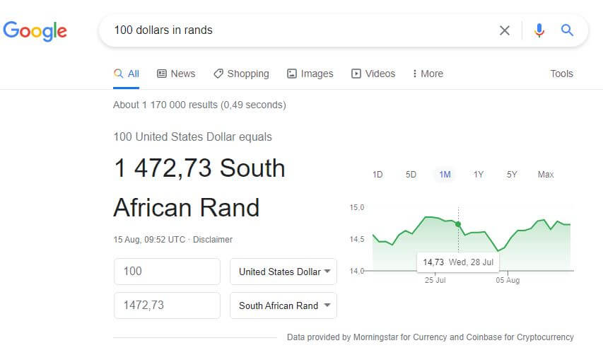 How much is 100 dollars in rands in South Africa.
