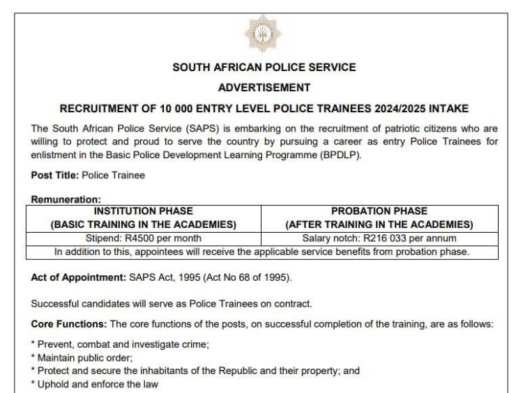 RECRUITMENT OF 10 000 ENTRY LEVEL POLICE TRAINEES 2024-2025 INTAKE AT THE SOUTH AFRICAN POLICE SERVICE (SAPS)