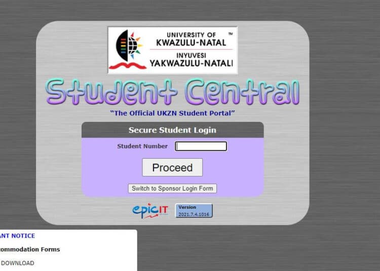 UKZN Student Central Login Page