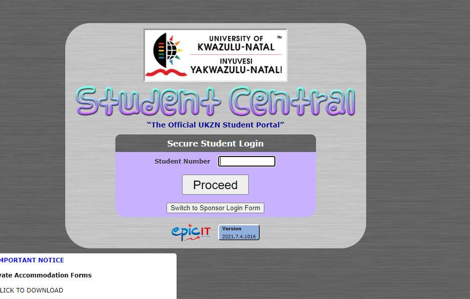 UKZN Student Central Login Page