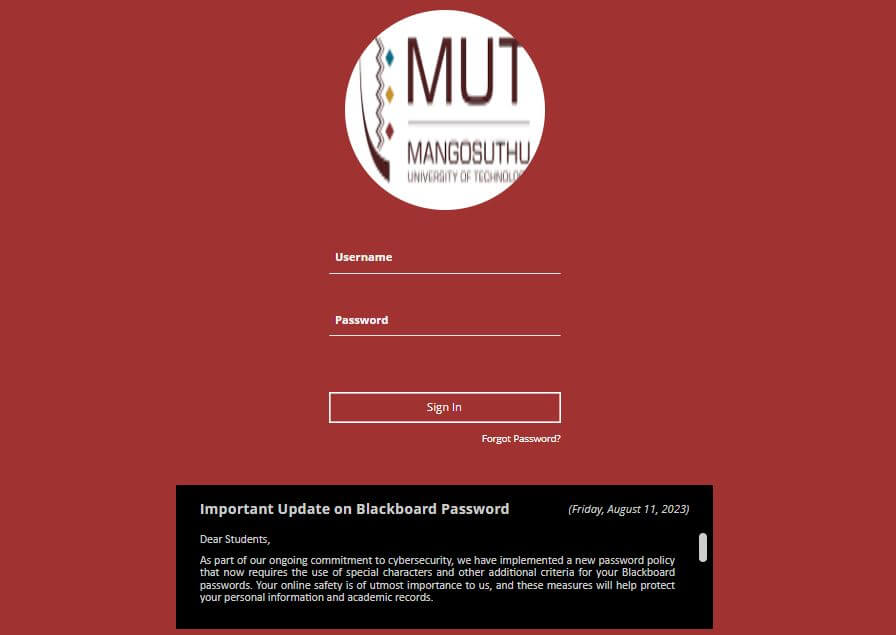 Mangosuthu University of Technology MUT Blackboard Student Portal