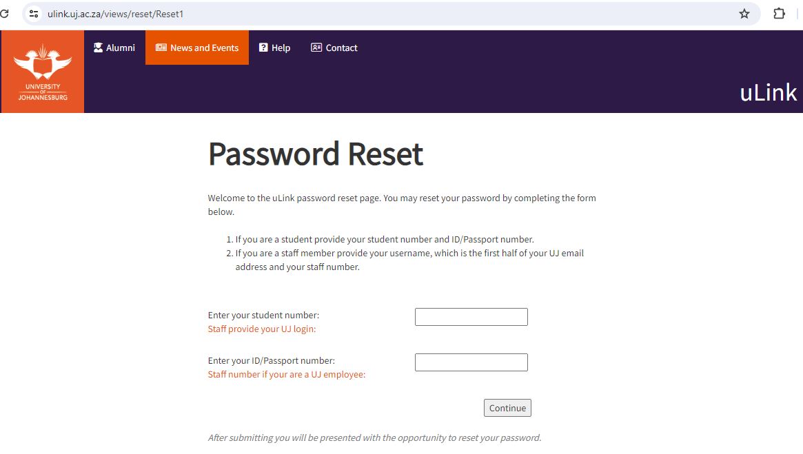 UJ uLink Login Password Reset