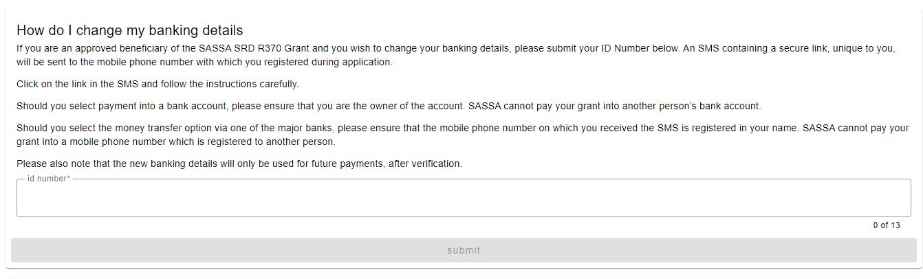Submit Banking Details To Sassa